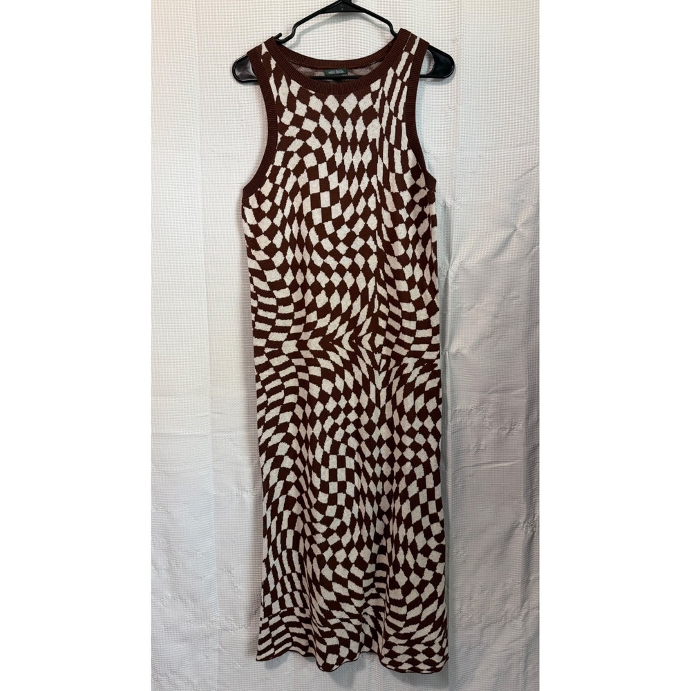 Wild Fable Sweater Dress Brown White Checkered Psychedelic Knit Midi L